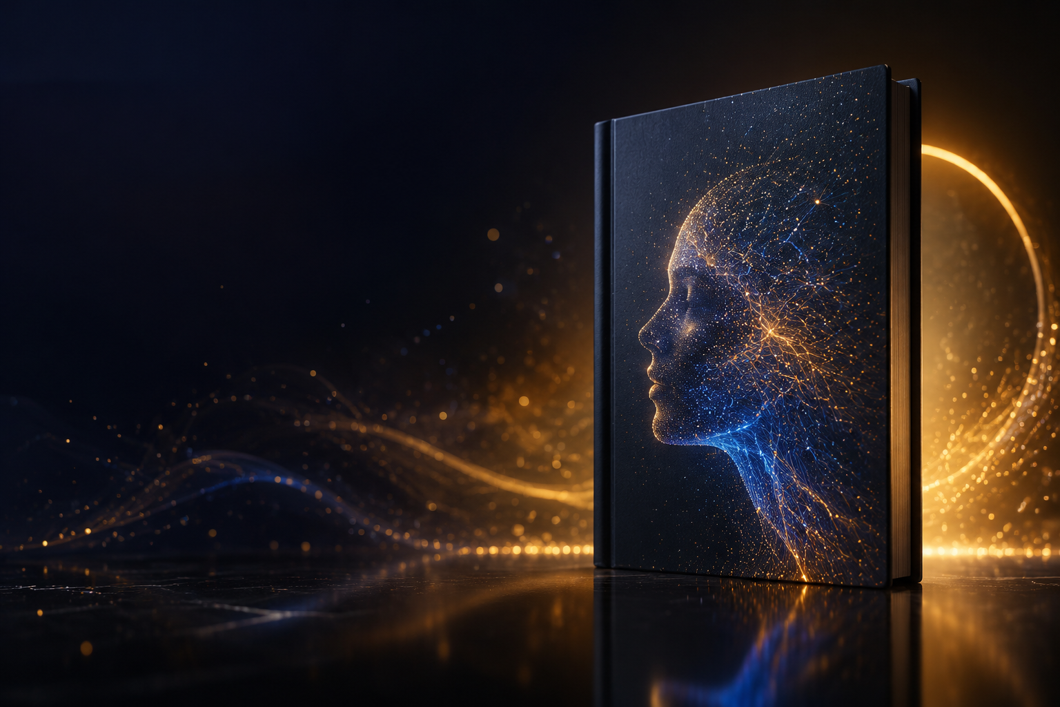 A dark book with a luminous human profile made of gold and blue light